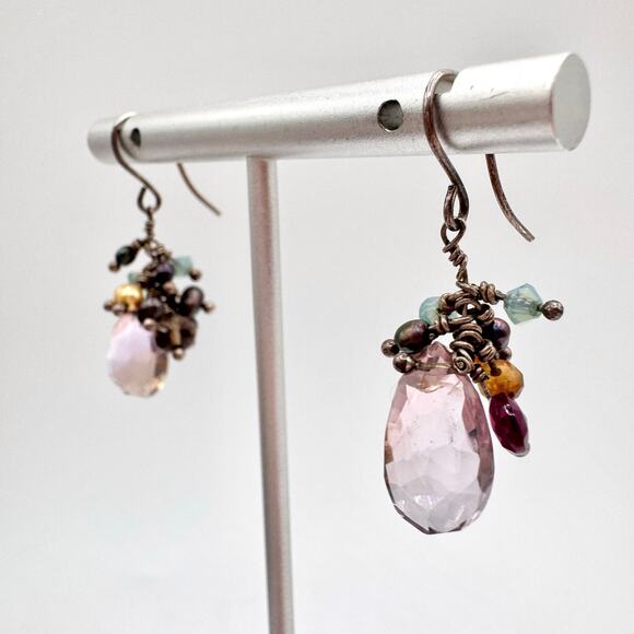 Amethyst Pearl Mixed Gemstone Silver Cha Cha Dangle Earrings Tested Boho Fun - Picture 7 of 10